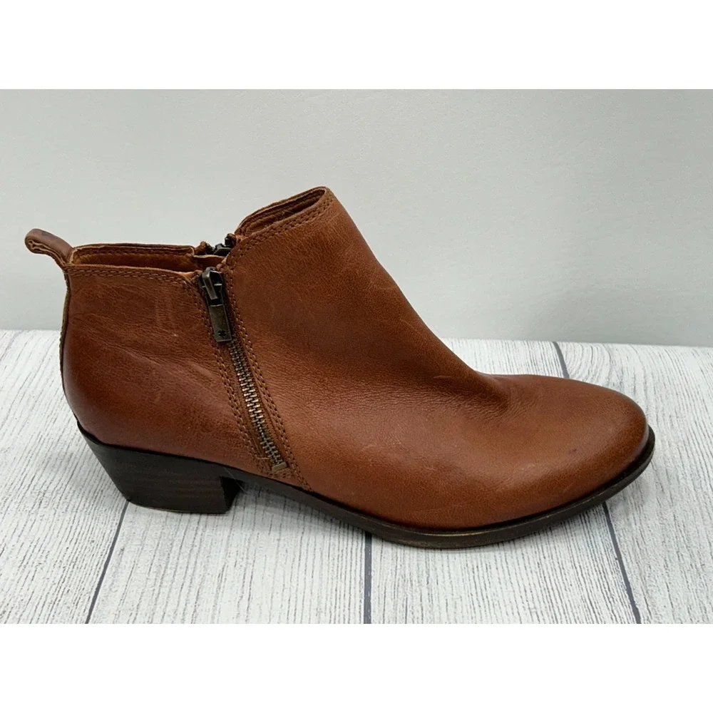 Lucky Brand Basel Ankle Boots Womens 10M Brown Leather Side Zip‎ Block Heel